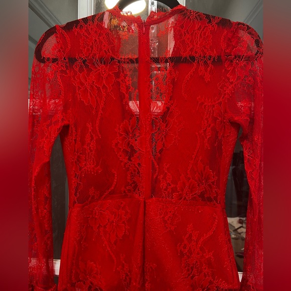 Red Lace Evening Gown W Bodycon Bodysuit Deep V- Front Slit Trumpet Sexy Dress - Picture 10 of 15